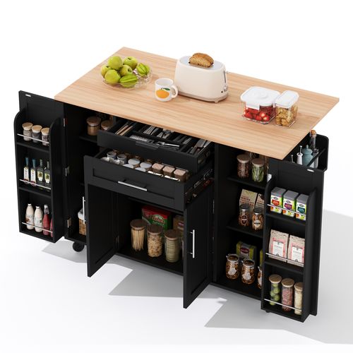 Îlot De Cuisine 136x70x92 Cm Avec Étagères Réglables, 2 Tiroirs, Étagère à Épices, Mdf Noir