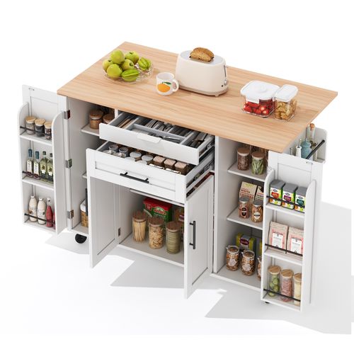 Îlot De Cuisine 136x70x92 Cm Avec Étagères Réglables, 2 Tiroirs, Étagère à Épices, Mdf Blanc