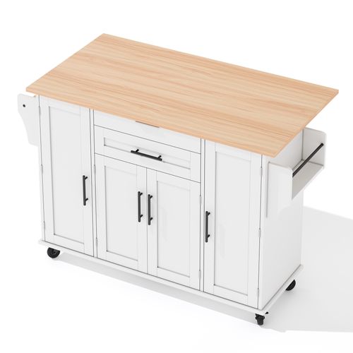 Îlot De Cuisine 136x70x92 Cm Avec Étagères Réglables, 2 Tiroirs, Étagère à Épices, Mdf Blanc