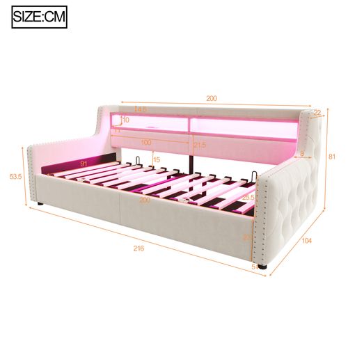 Lit Coffre 90x200 Cm Avec Rangement, LED, Prise Électrique Et Recharge USB-c, Velours Beige
