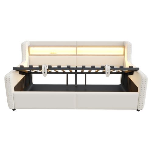 Lit Coffre 90x200 Cm Avec Rangement, LED, Prise Électrique Et Recharge USB-c, Velours Beige