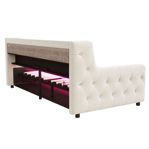 Lit Coffre 90x200 Cm Avec Rangement, LED, Prise Électrique Et Recharge USB-c, Velours Beige