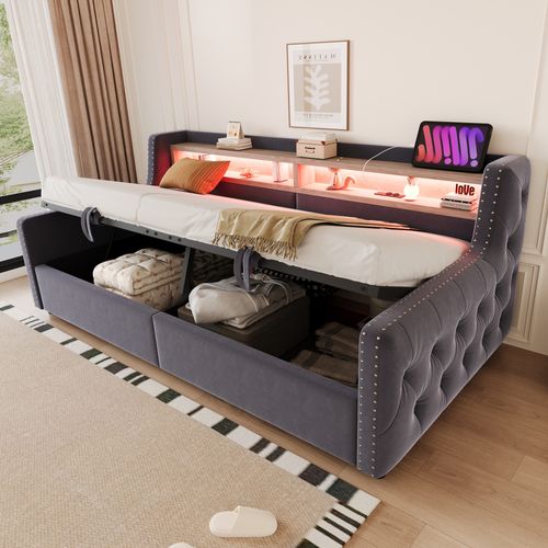 Lit Coffre 90x200 Cm Avec Rangement, LED, Prise Électrique Et Recharge USB-c, Velours Gris Foncé