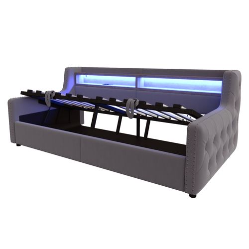 Lit Coffre 90x200 Cm Avec Rangement, LED, Prise Électrique Et Recharge USB-c, Velours Gris Foncé