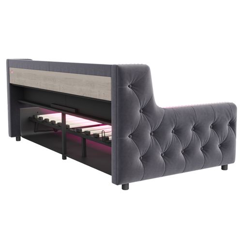 Lit Coffre 90x200 Cm Avec Rangement, LED, Prise Électrique Et Recharge USB-c, Velours Gris Foncé