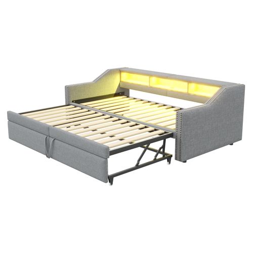 Lit Gigogne 90/180x200 Cm Avec Éclairage LED, Ports USB Et Rangement, Lin Gris