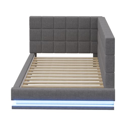 Canapé-lit Lit Simple 90x200 Cm Avec LED, USB, Cadre De Lit Et Tête De Lit, Lin Gris