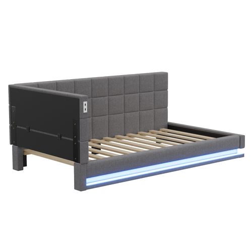 Canapé-lit Lit Simple 90x200 Cm Avec LED, USB, Cadre De Lit Et Tête De Lit, Lin Gris