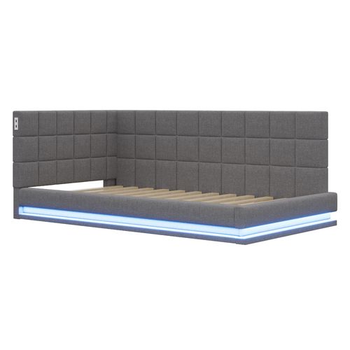 Canapé-lit Lit Simple 90x200 Cm Avec LED, USB, Cadre De Lit Et Tête De Lit, Lin Gris