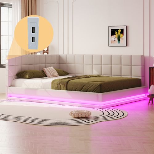 Canapé-lit Lit Double 160x200 Cm Avec LED, USB, Cadre De Lit Et Tête De Lit, Beige Lin