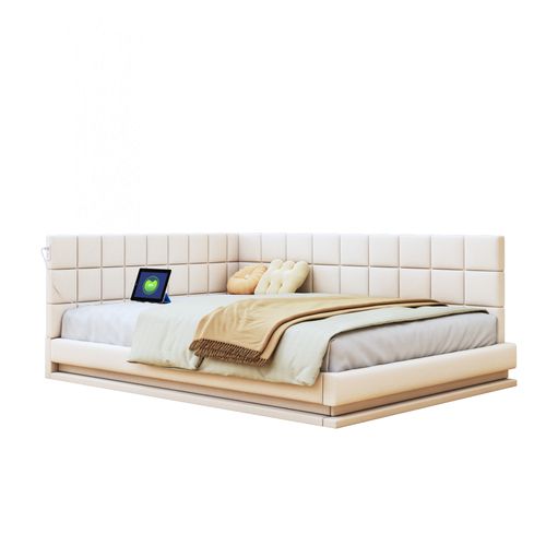 Canapé-lit Lit Double 160x200 Cm Avec LED, USB, Cadre De Lit Et Tête De Lit, Beige Lin