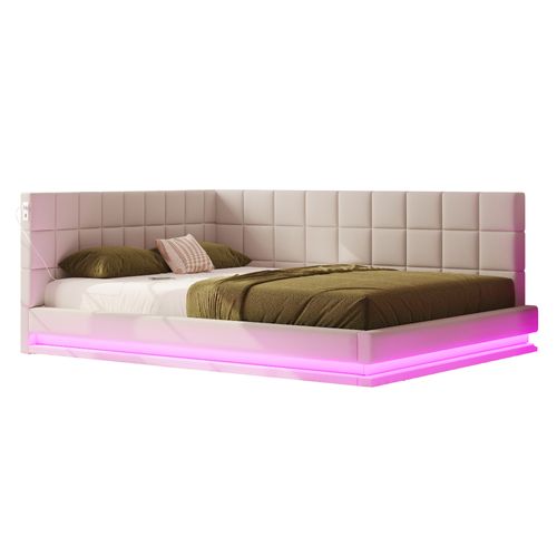 Canapé-lit Lit Double 160x200 Cm Avec LED, USB, Cadre De Lit Et Tête De Lit, Beige Lin
