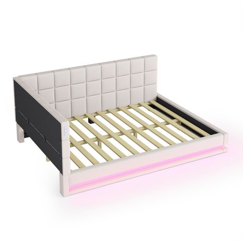 Canapé-lit Lit Double 160x200 Cm Avec LED, USB, Cadre De Lit Et Tête De Lit, Beige Lin