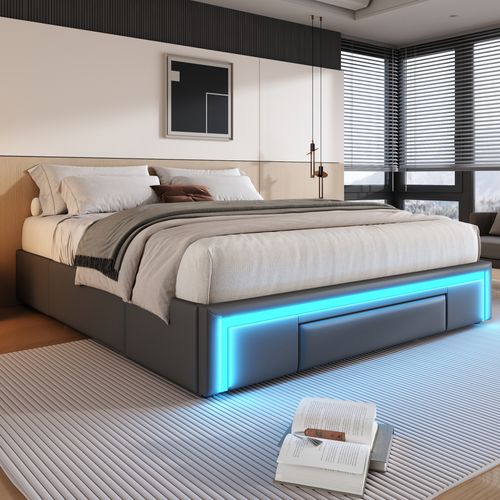 Lit Double 160x200 Cm, Avec Éclairage LED Réglable, 3 Tiroirs, Sans Tête De Lit, Pu Gris