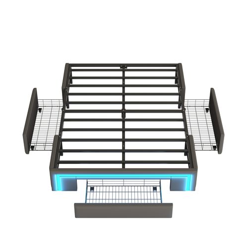 Lit Double 160x200 Cm, Avec Éclairage LED Réglable, 3 Tiroirs, Sans Tête De Lit, Pu Gris