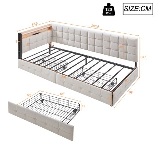Canapé-lit Lit Simple 90x200 Cm, Avec 2 Tiroirs, LED, USB, Tête De Lit Avec Rangement, Velours Beige