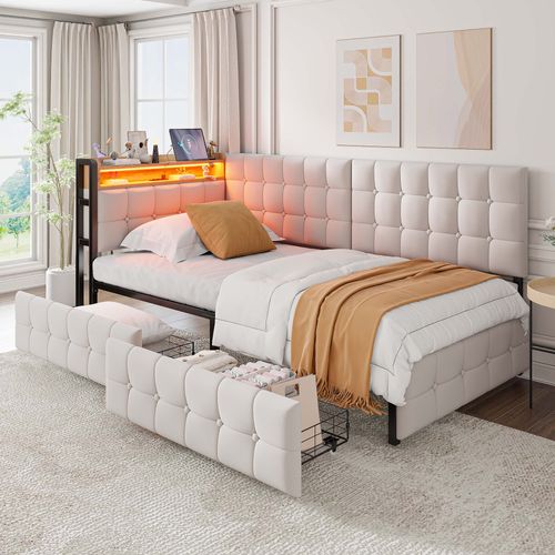 Canapé-lit Lit Simple 90x200 Cm, Avec 2 Tiroirs, LED, USB, Tête De Lit Avec Rangement, Velours Beige