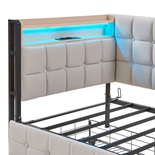 Canapé-lit Lit Simple 90x200 Cm, Avec 2 Tiroirs, LED, USB, Tête De Lit Avec Rangement, Velours Beige