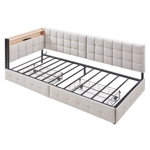 Canapé-lit Lit Simple 90x200 Cm, Avec 2 Tiroirs, LED, USB, Tête De Lit Avec Rangement, Velours Beige