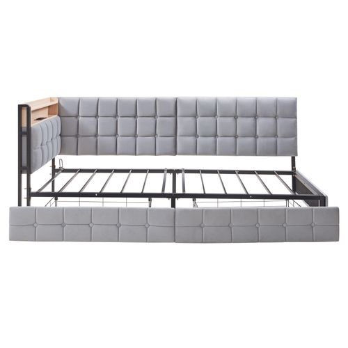 Canapé-lit Lit Simple 90x200 Cm, Avec 2 Tiroirs, LED, USB, Tête De Lit Avec Rangement, Velours Gris