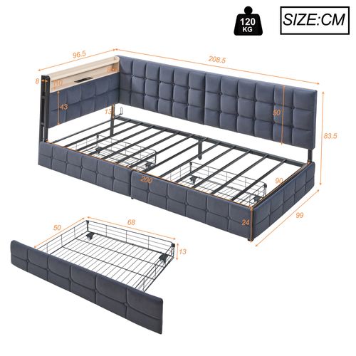 Canapé-lit 90x200 Cm, Avec 2 Tiroirs, LED, USB, Tête De Lit Avec Rangement, Velours Gris Foncé