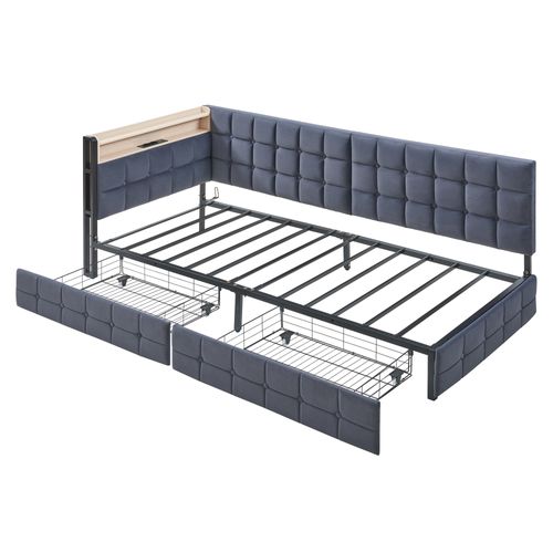 Canapé-lit 90x200 Cm, Avec 2 Tiroirs, LED, USB, Tête De Lit Avec Rangement, Velours Gris Foncé