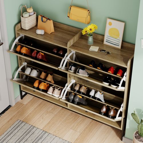 Meuble à Chaussures Moderne 121x25x91,5cm, 4 portes à rabat, Coloris Naturel + Noir