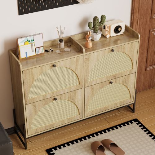 Meuble à Chaussures Moderne 121x25x91,5cm, 4 portes à rabat, Coloris Naturel + Noir