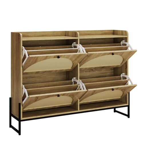 Meuble à Chaussures Moderne 121x25x91,5cm, 4 portes à rabat, Coloris Naturel + Noir