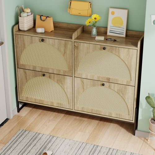 Meuble à Chaussures Moderne 121x25x91,5cm, 4 portes à rabat, Coloris Naturel + Noir