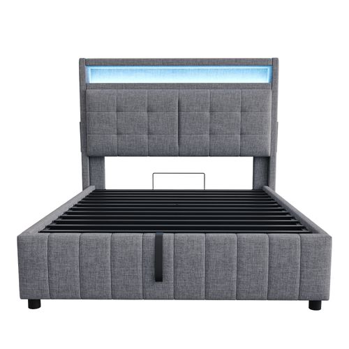 Lit Double 140 X 200 Cm, Tête De Lit Avec LED, Prise USB Et Rangement, Gris