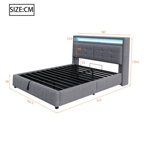 Lit Double 160 X 200 Cm, Tête De Lit Avec LED, Prise USB Et Rangement, Gris