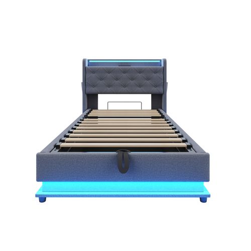 Lit Enfant, Lit Simple 90x200cm, Tête De Lit Avec Bande Lumineuse LED Et Prise USB, Lin, Gris