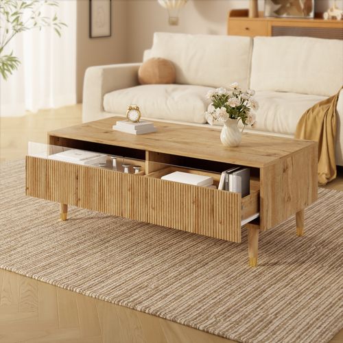 Table Basse LED Moderne 110x50x40cm, 2 Tiroirs, Pieds En Bois Massif Doré Et Bois, Couleur Bois