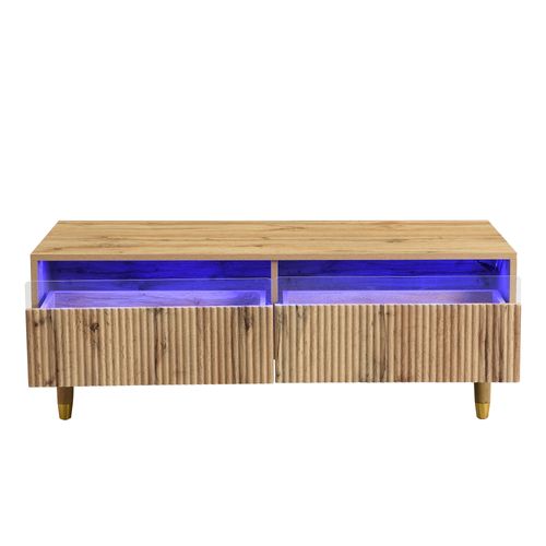 Table Basse LED Moderne 110x50x40cm, 2 Tiroirs, Pieds En Bois Massif Doré Et Bois, Couleur Bois