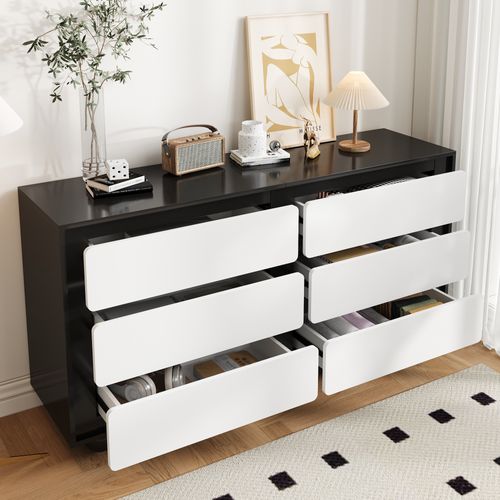Commode Moderne 6 Tiroirs 140x38x74,5cm, Coins Arrondis, Pieds Ronds En Métal, Blanc + Noir