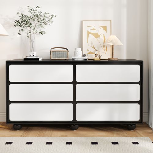 Commode Moderne 6 Tiroirs 140x38x74,5cm, Coins Arrondis, Pieds Ronds En Métal, Blanc + Noir
