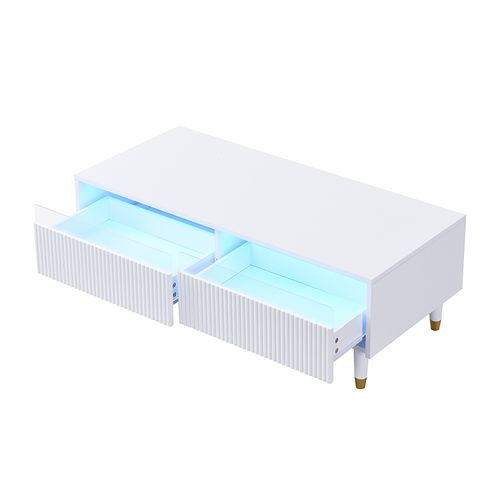 Table Basse LED Moderne 110x50x40cm, 2 Tiroirs, Pieds En Bois Massif Doré Et Blanc, Blanc