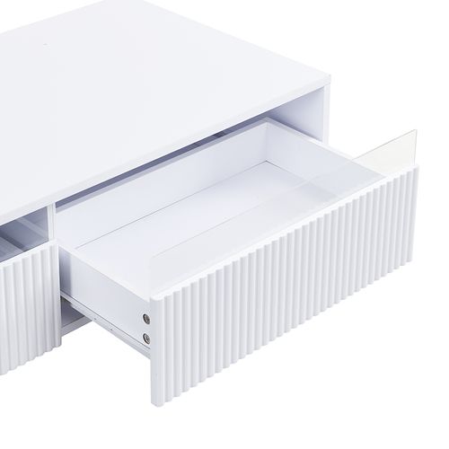 Table Basse LED Moderne 110x50x40cm, 2 Tiroirs, Pieds En Bois Massif Doré Et Blanc, Blanc