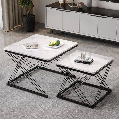 Lot De 2 Tables Basses 60x60x45 Cm+45x45x40 Cm, Table Gigogne, Motif De Marbre, Mdf, Blanc+noir