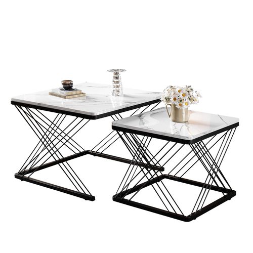 Lot De 2 Tables Basses 60x60x45 Cm+45x45x40 Cm, Table Gigogne, Motif De Marbre, Mdf, Blanc+noir