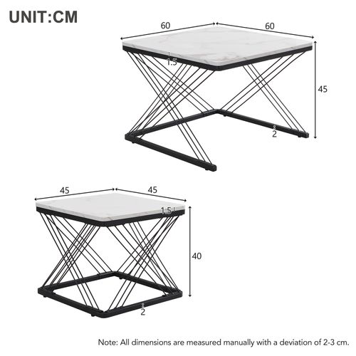 Lot De 2 Tables Basses 60x60x45 Cm+45x45x40 Cm, Table Gigogne, Motif De Marbre, Mdf, Blanc+noir
