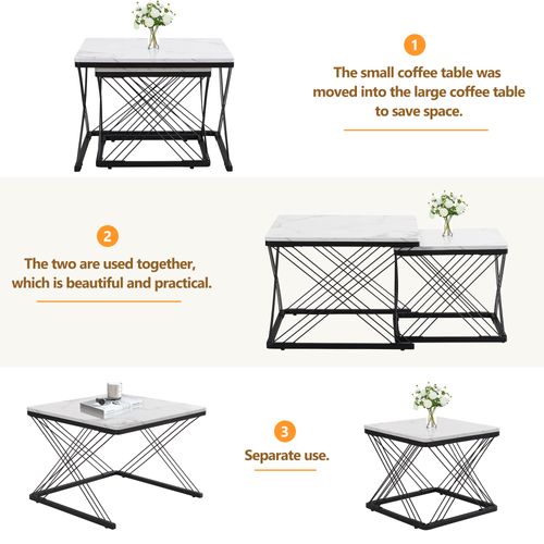 Lot De 2 Tables Basses 60x60x45 Cm+45x45x40 Cm, Table Gigogne, Motif De Marbre, Mdf, Blanc+noir