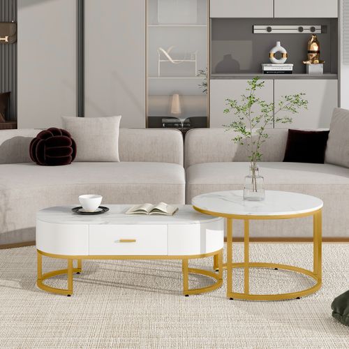 Lot De 2 Tables Basses 100×48×38,5 cm+ø70×44,5 Cm, Tiroir, Motif De Marbre, Mdf, Blanc+doré