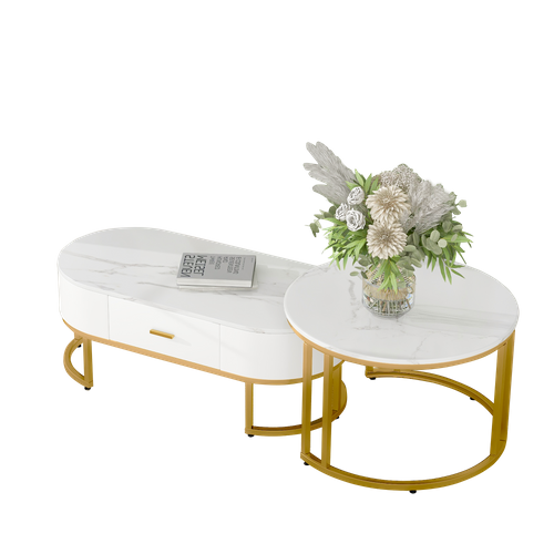 Lot De 2 Tables Basses 100×48×38,5 cm+ø70×44,5 Cm, Tiroir, Motif De Marbre, Mdf, Blanc+doré