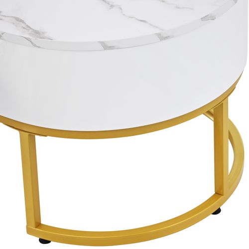 Lot De 2 Tables Basses 100×48×38,5 cm+ø70×44,5 Cm, Tiroir, Motif De Marbre, Mdf, Blanc+doré
