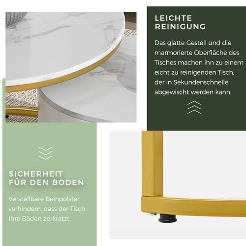 Lot De 2 Tables Basses 100×48×38,5 cm+ø70×44,5 Cm, Tiroir, Motif De Marbre, Mdf, Blanc+doré