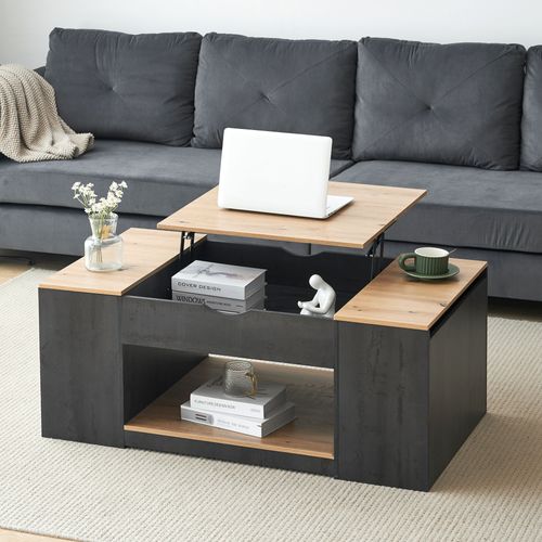 Table Basse Relevable 109,5×59,7x43 Cm, Rangement Caché Et Ouvert, Motif De Bois, Mdf, Gris