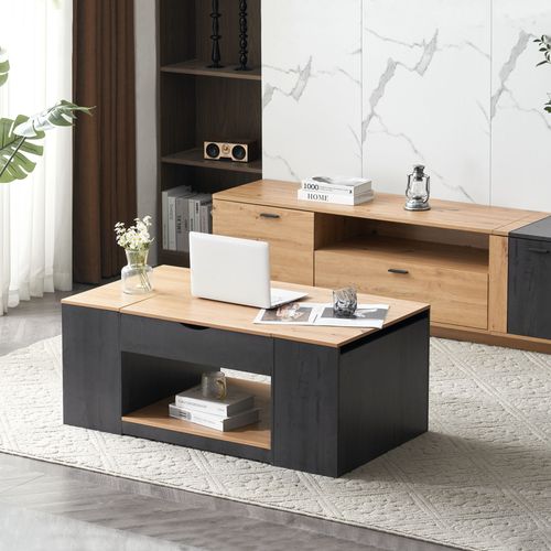 Table Basse Relevable 109,5×59,7x43 Cm, Rangement Caché Et Ouvert, Motif De Bois, Mdf, Gris