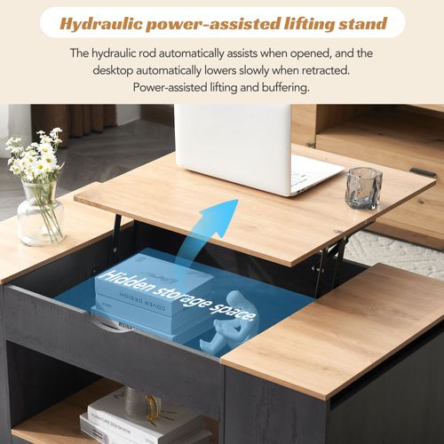 Table Basse Relevable 109,5×59,7x43 Cm, Rangement Caché Et Ouvert, Motif De Bois, Mdf, Gris